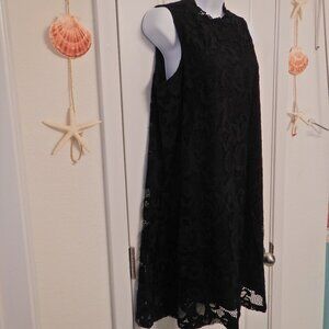 Tiana B Black Floral Lace Overlay High Neck Sleeveless Swing Dress